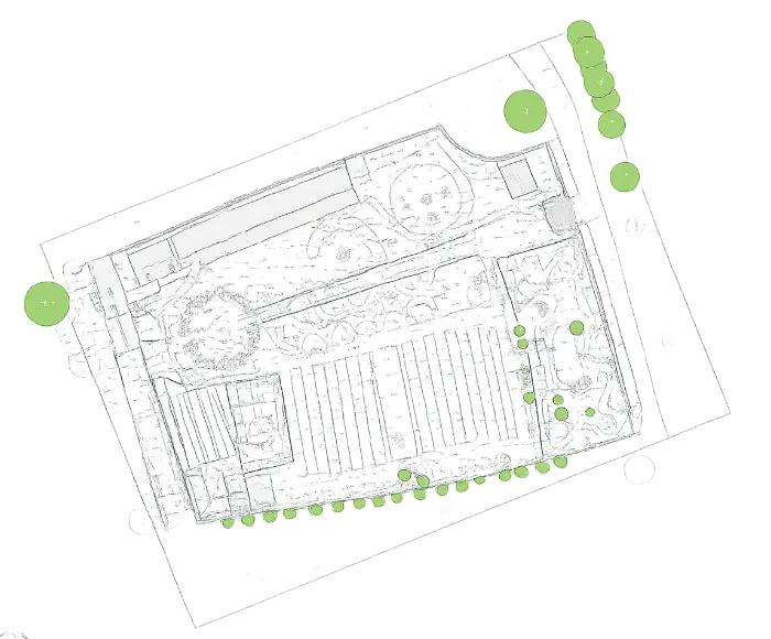 Topographical survey site plan showing boundaries, buildings, planting beds and trees