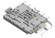 Architectural Revit model showing walls, floors, doors, windows and stairs of an existing building