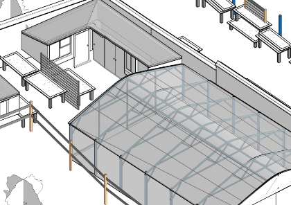 3D survey model of a building and canopy structure with surrounding seating