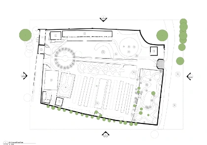 Topographical survey plan showing a building footprint, ground levels and surrounding trees
