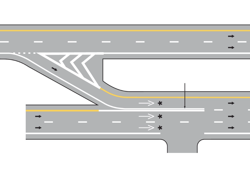 Road layout drawing showing lanes, kerbs, junction markings and access points