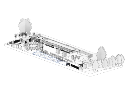 3D survey model of a site showing buildings, trees, paths and street features