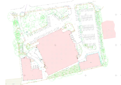 Topographical survey plan recording trees, planting and vegetation around a building
