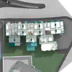 Revit floor plan cut through a terrace showing internal room layouts, with the watercourse, roads and rear garden around it