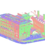 False-colour laser scan point cloud of a historic London building and courtyard, captured with a Leica RTC360