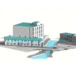 3D Revit model of terraced houses, a five-storey block and a channelled watercourse passing under a road bridge