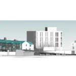 Revit model site elevation of terraced houses, five-storey block and sloping topography in Mitcham, London