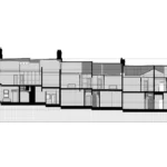 2D section drawing through a full terrace extracted from the Revit model, showing stepped floor levels, staircases and level markers