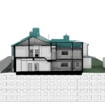 Revit cross-section through a two-storey house showing internal doors, split floor levels, roof space and the rear garden