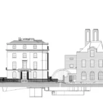 2D elevation drawing of a Georgian-style stone building and a brick building with twin chimneys, with basement levels shown below ground