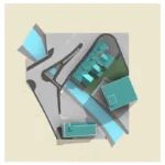 Top-down plan view of a Revit site model showing building roofs, a watercourse running diagonally through the site, roads and green space
