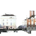 Point cloud elevation of a stone-fronted building and a red brick building with tall chimneys, including scanned basement areas