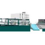 Long section through a Revit model of a terrace showing internal layouts along its full length, beside a channelled watercourse