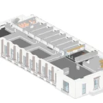 3D cutaway floor plan from the Revit model showing internal room layouts, toilets, a staircase and the colonnaded façade