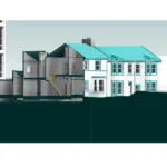 Revit model section through a terraced house showing internal rooms, floors and staircase, with the neighbouring terrace and ground levels