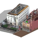 Point cloud overlaid on the Revit model, showing scan data aligned with the modelled roof, façades and neighbouring buildings