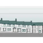 Revit elevation of a terrace of houses with bay windows and chimneys, showing floor level markers and sloping ground
