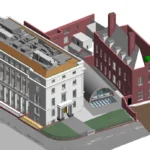 Revit model close-up showing detailed rooftop plant equipment, a colonnaded façade, a front portico and a glazed canopy