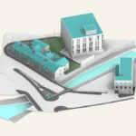 Aerial 3D Revit model of a Mitcham site showing terraced houses, a five-storey block, a watercourse and surrounding roads