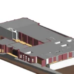 Aerial view of a Revit model with surrounding roads and kerbs