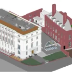 Revit model view of the courtyard with lawns, perimeter railings and a glazed arched canopy between the stone and brick buildings
