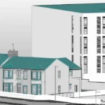 Close-up of a Revit model showing terraced houses with bay windows, street lamps, a boundary wall and a five-storey block